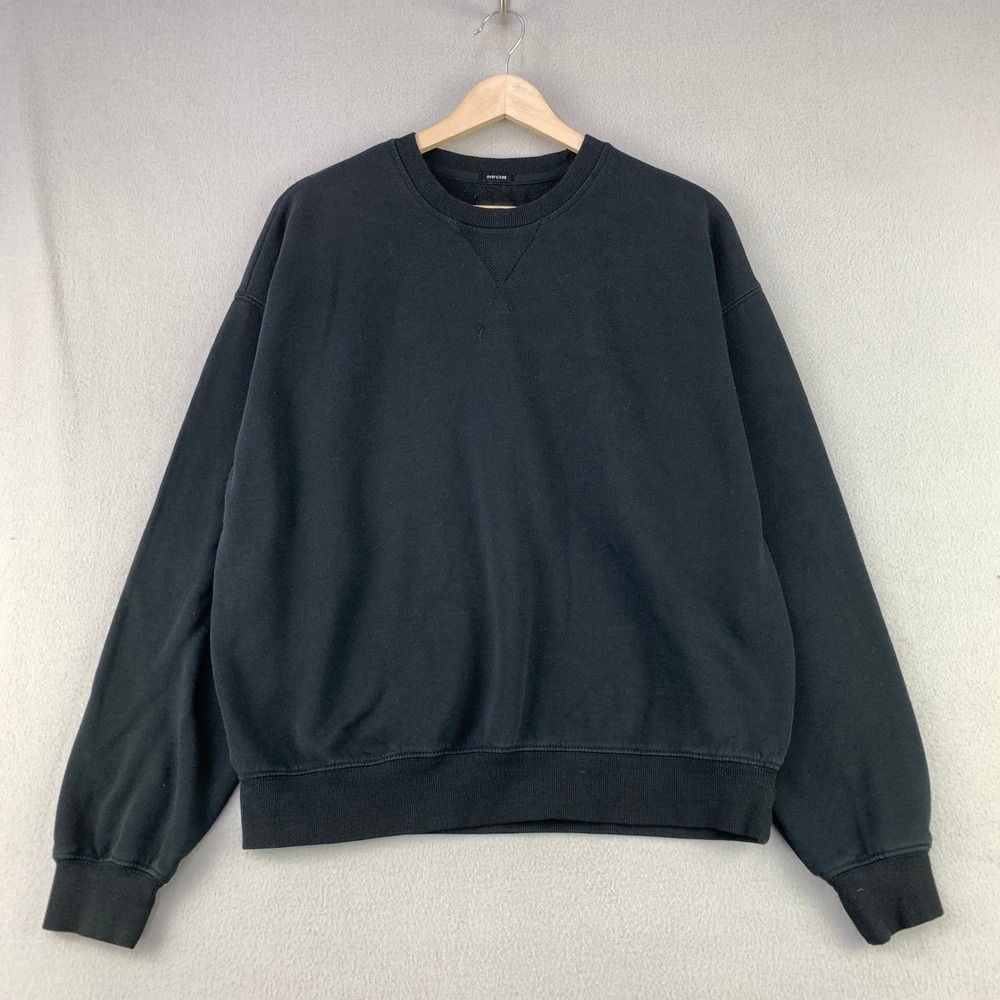 RSQ Crewneck Sweatshirt Mens Medium Black Terry Fleece Pullover V-Stitch Retro